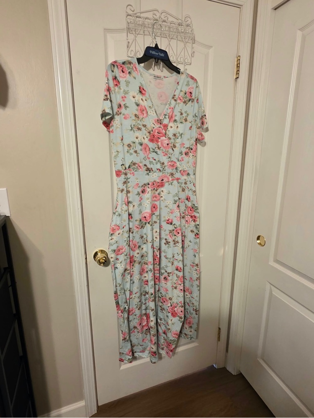 HUHOT Floral Maxi Dress XL Pink Blue Wrap V Neck Cottagecore